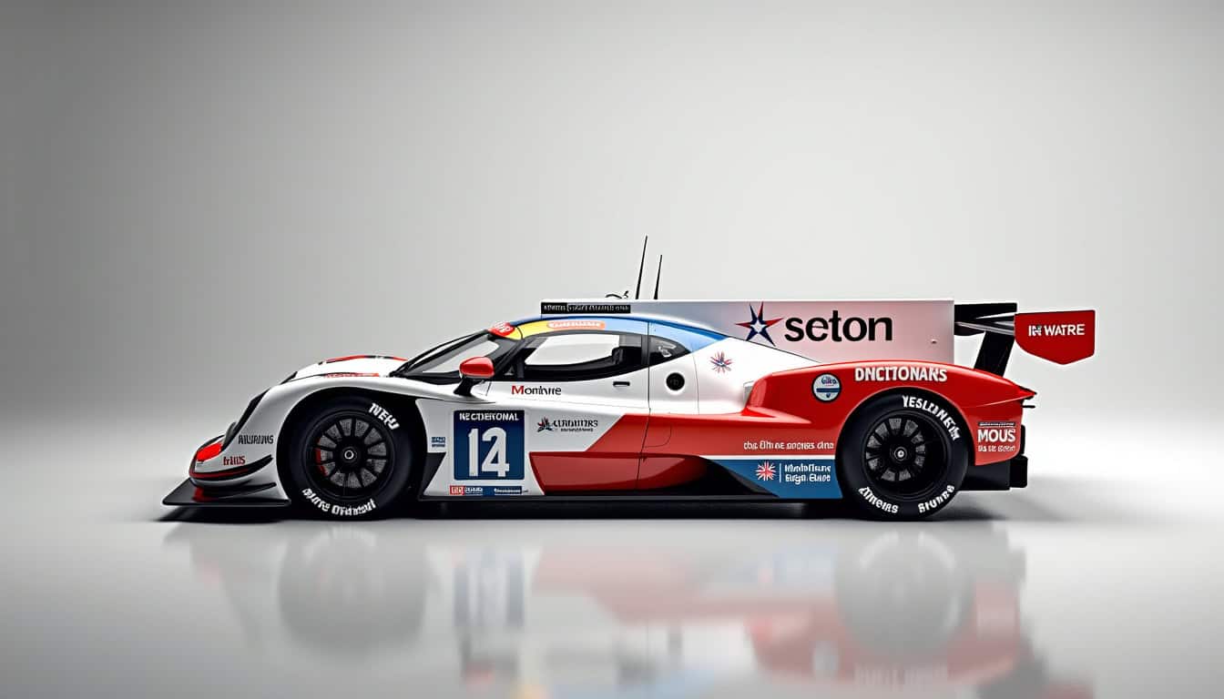 Voiture de course F1 avec logo et sponsor, design moderne et aérodynamique.