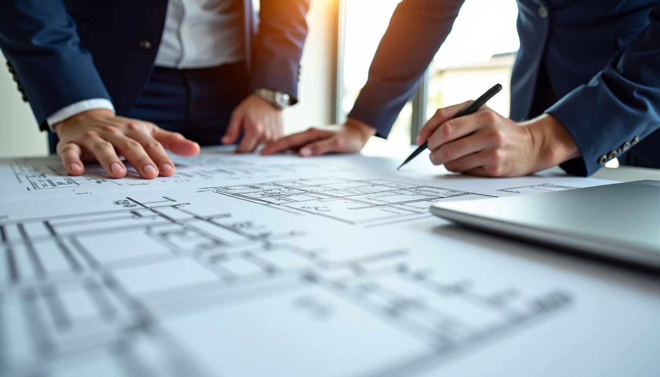 Discussion entre un particulier et un architecte autour de plans de construction pour un projet immobilier