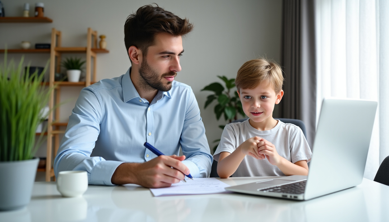 Père consultant une mutuelle santé pour son enfant sur ordinateur en 2026