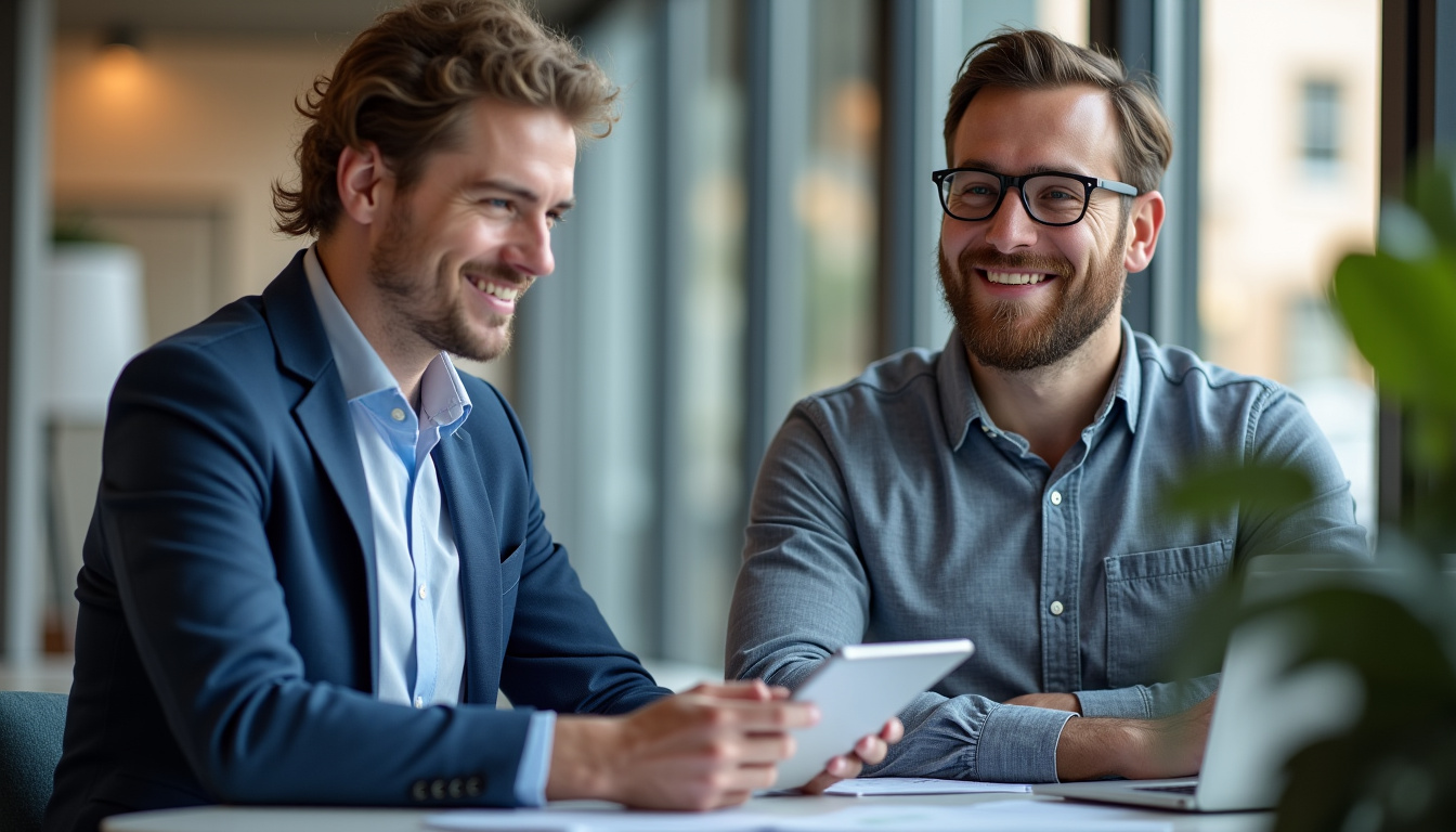 Agence de la Banque Populaire Auvergne Rhône Alpes située dans une ville du Massif Central, montrant un conseiller en interaction avec un client