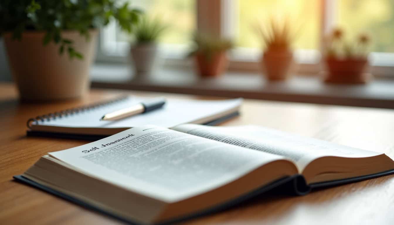 Livre de développement personnel financier posé sur une table en bois avec un cahier et un stylo