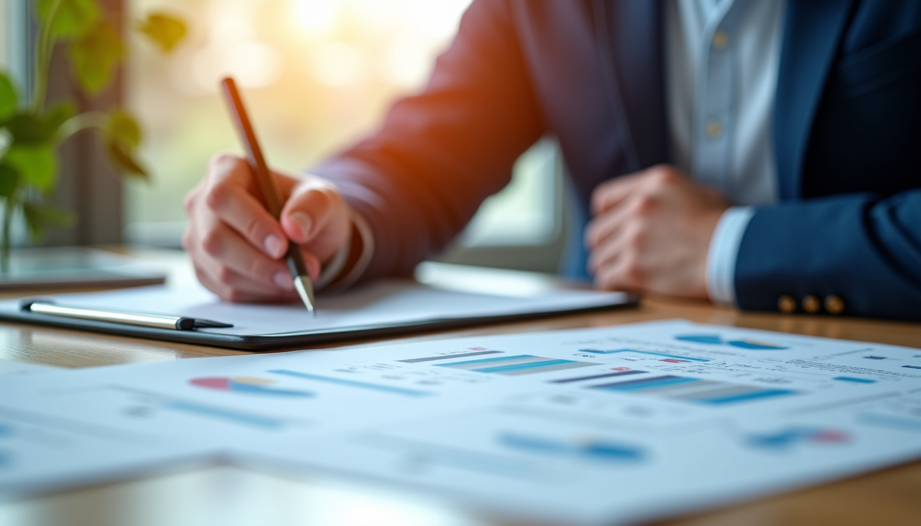 Représentation schématique d’un dossier de crédit immobilier en cours de traitement, avec documents, stylo et écran d’ordinateur montrant un simulateur de prêt