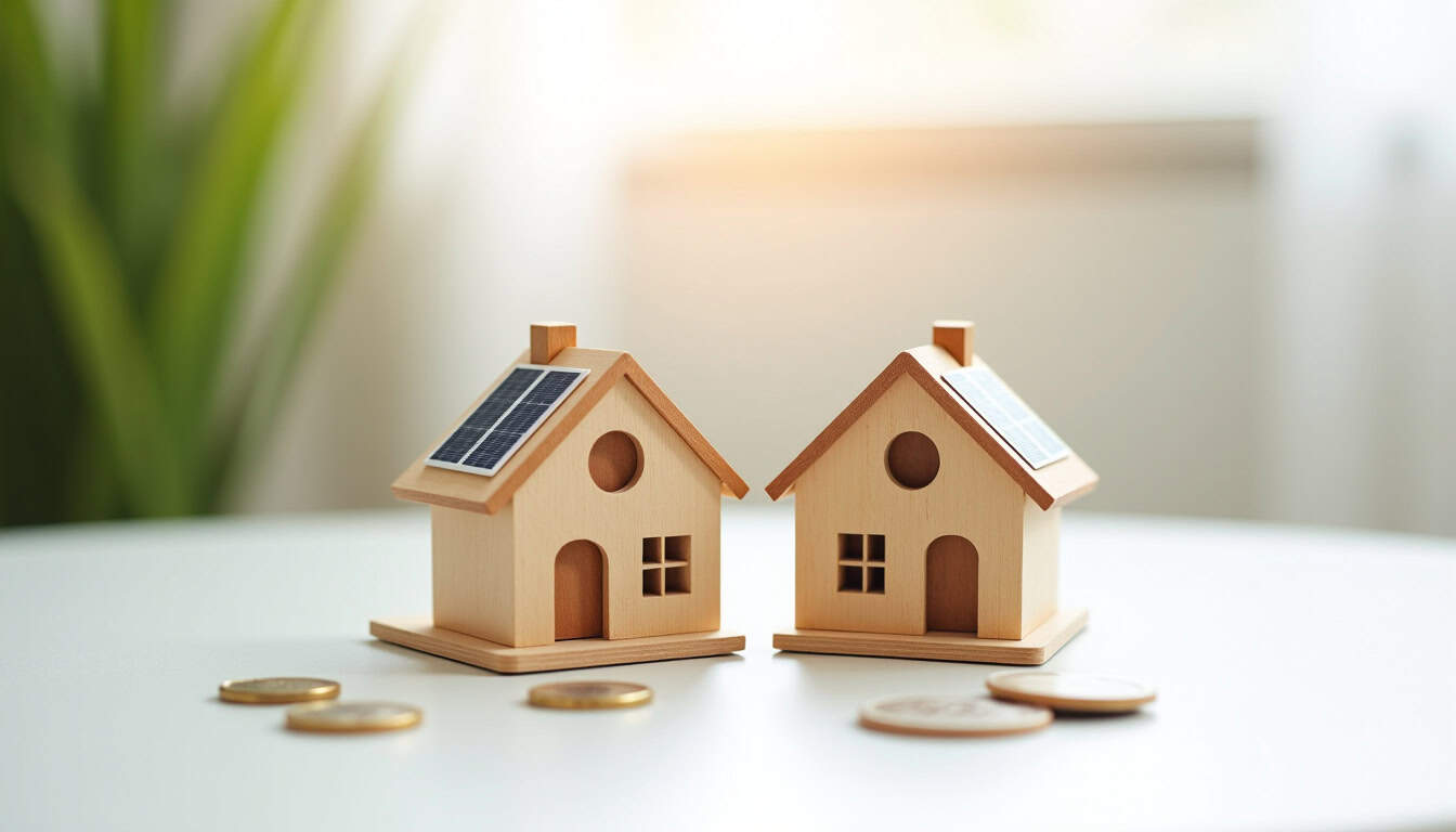 Petites maisons en bois avec pièces de monnaie, illustrant l'immobilier, l'investissement et la gest.