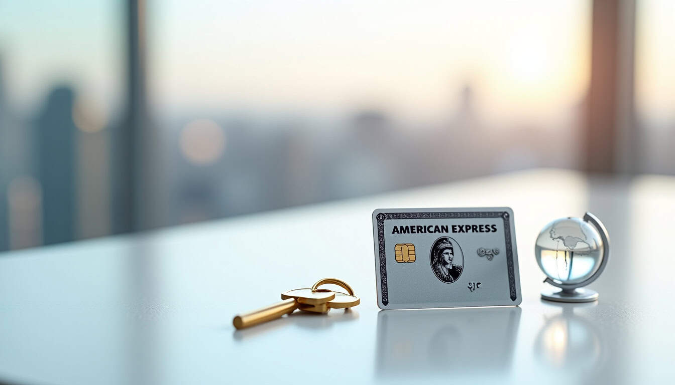 Clé de voiture et carte bancaire American Express sur une table lumineuse, symbolisant la sécurité e.