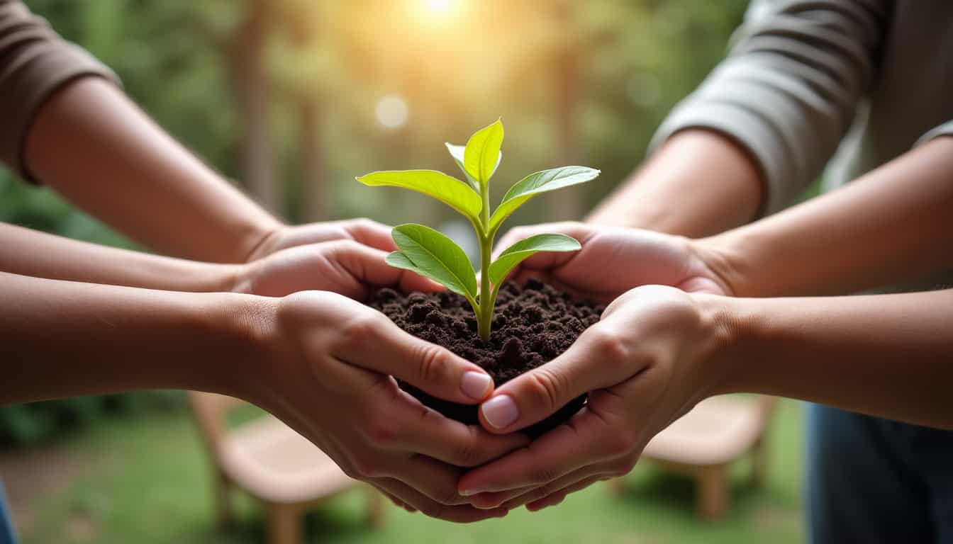 Jeune pousse de plante dans des mains, symbole de croissance et de respect de l'environnement.