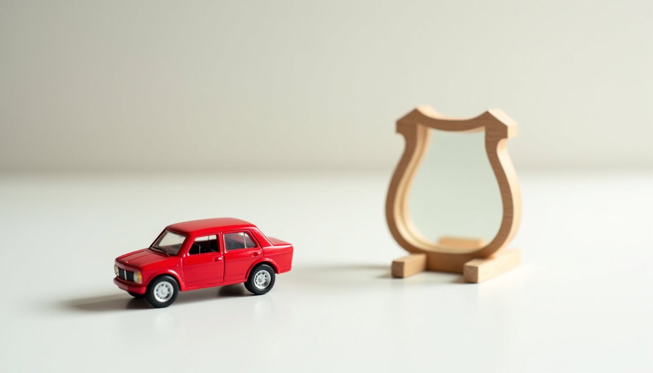Véhicule miniature rouge avec miroir en bois, symbole de dépannage auto.