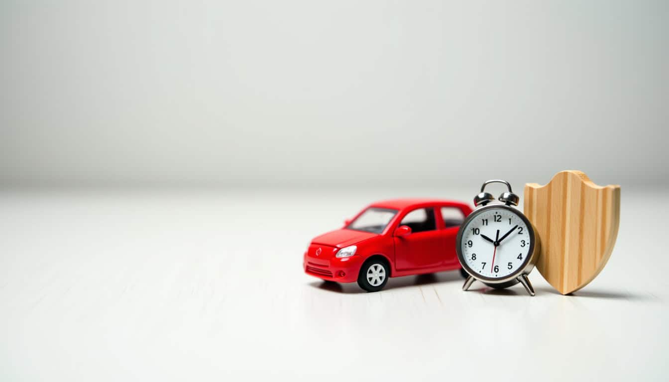 Miniature de voiture épave rouge avec horloge et bouclier en bois, symbolisant la sécurité et le rec.