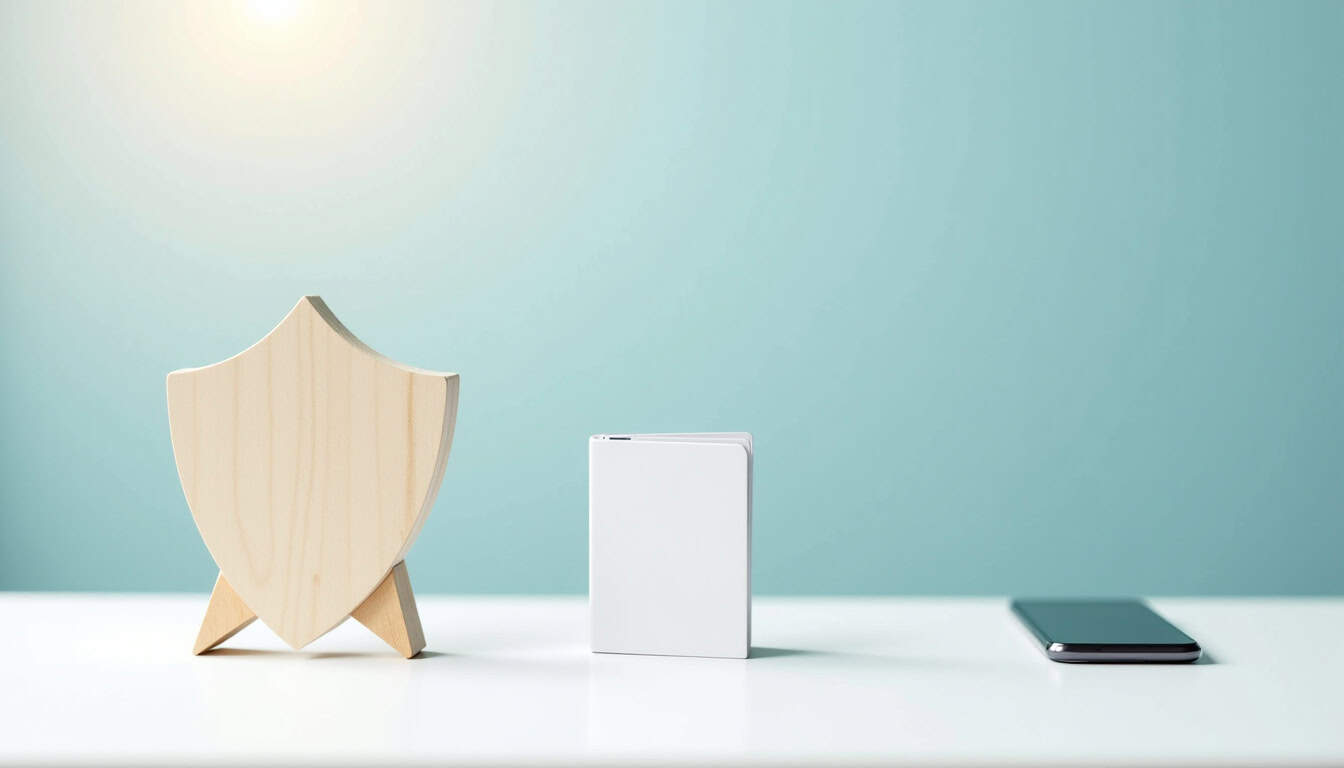 Porte-blason en bois, boîte blanche et smartphone, symboles de sécurité et technologie moderne.