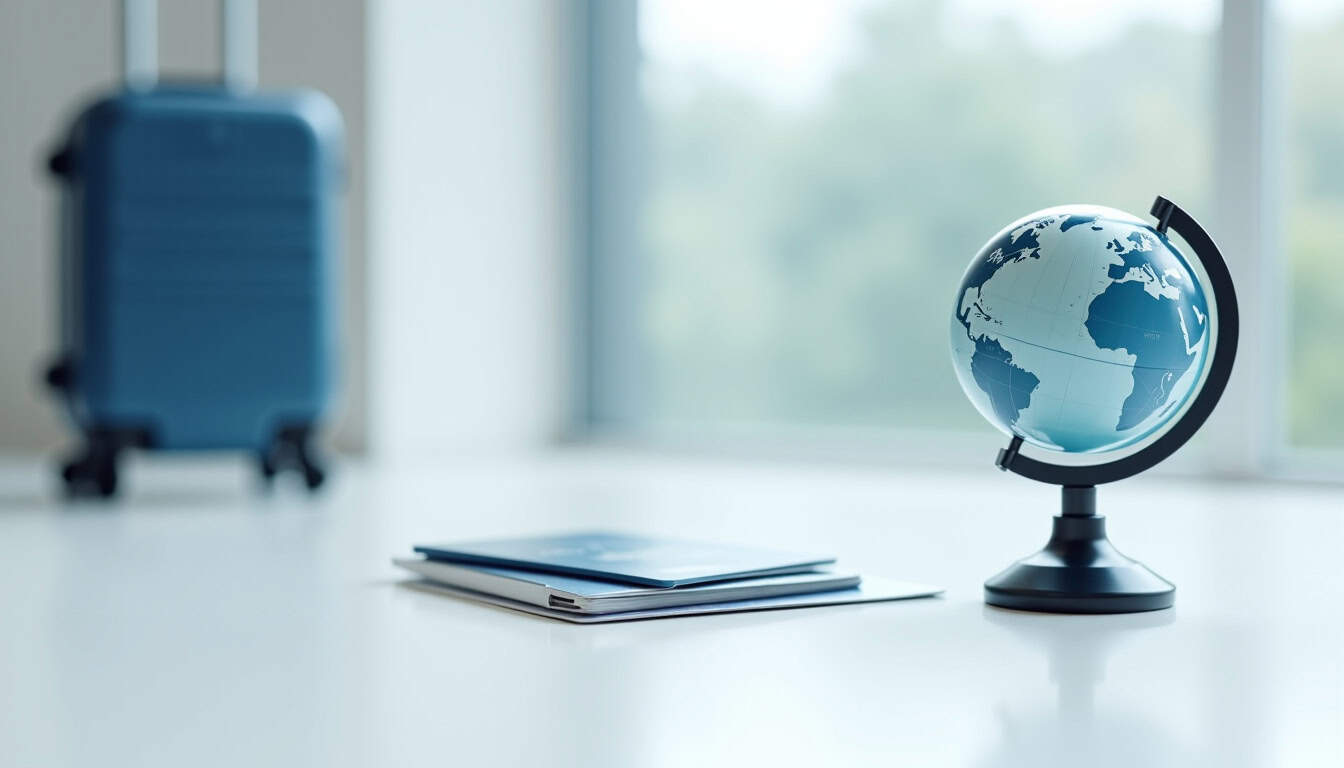 Bagage à main et globe terrestre dans un bureau lumineux.