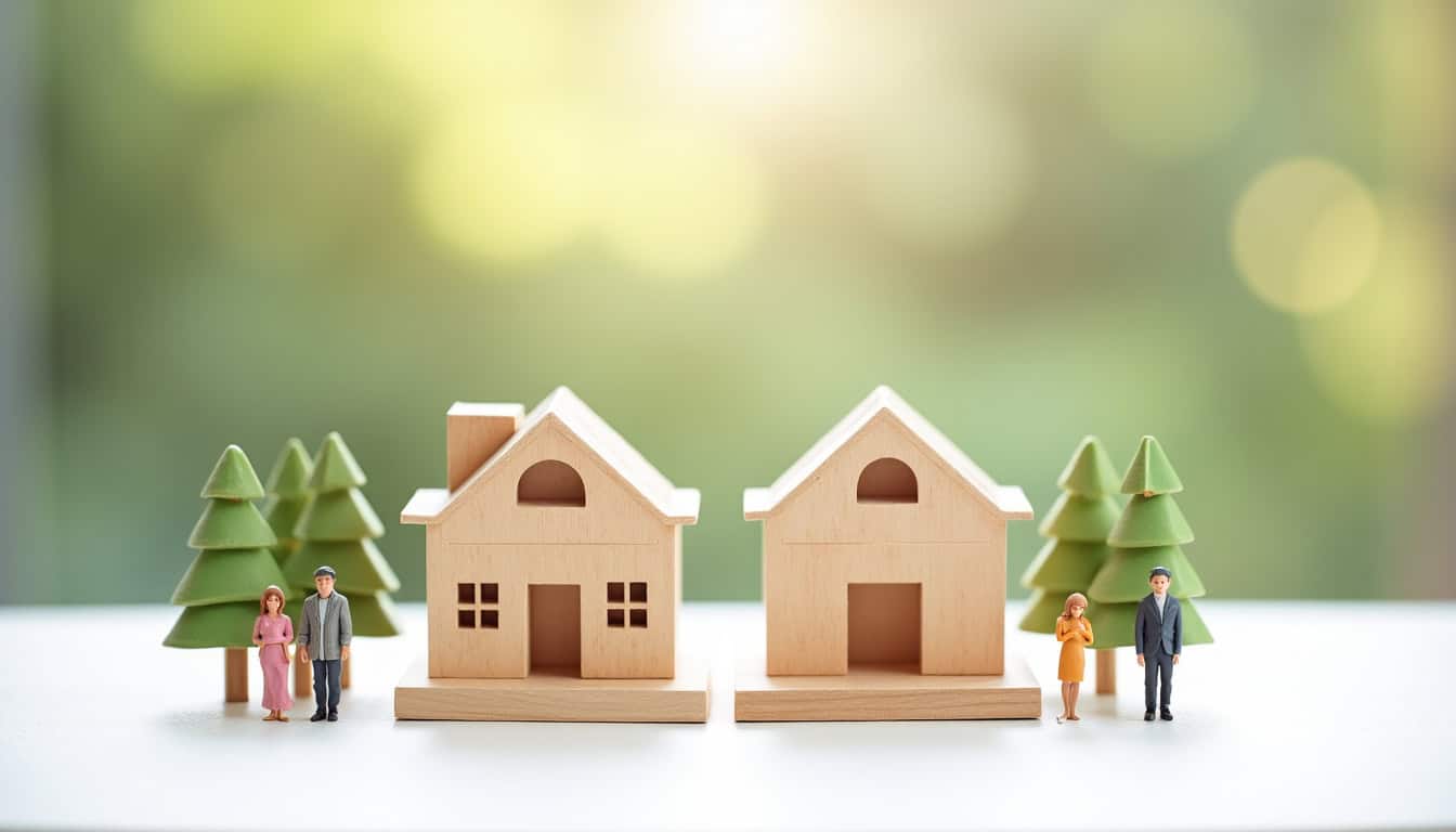 Mini maisons en bois avec arbres et figurines pour illustration de l'immobilier.
