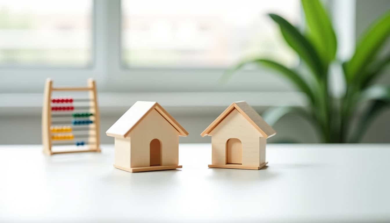 Maisons en bois miniatures, symbolisant la construction ou la rénovation, avec un abaque de couleurs.