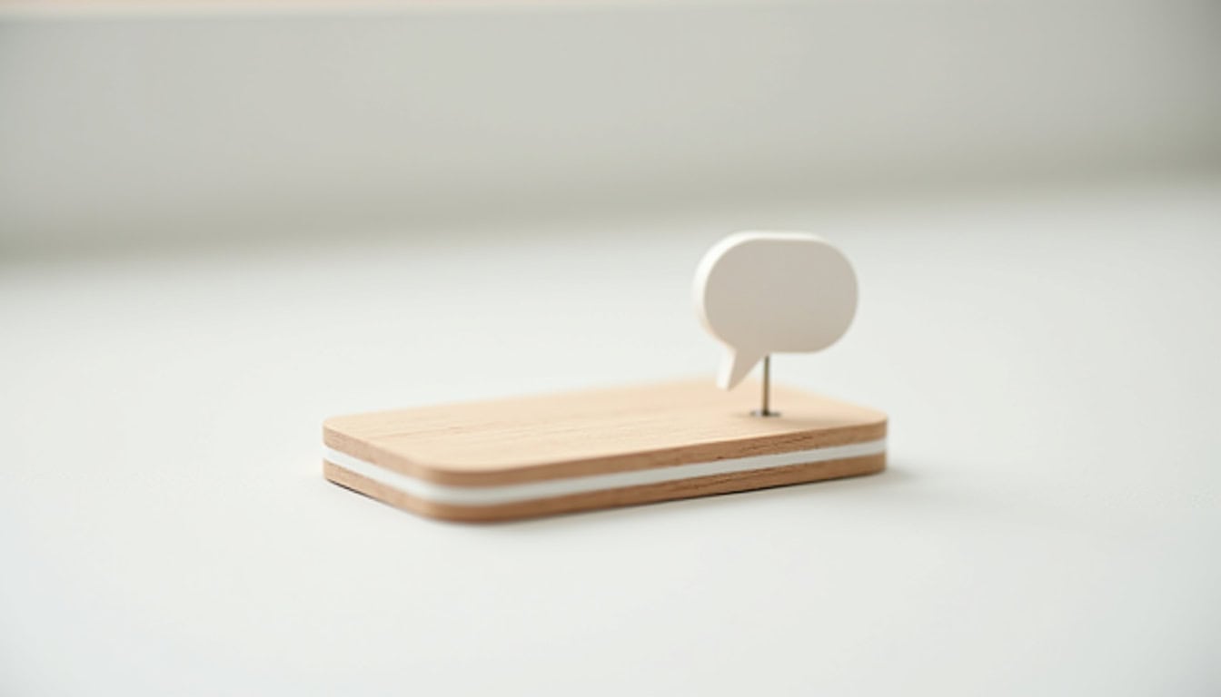 Panneau de discussion en bois avec bulle de dialogue blanche, minimaliste et moderne.