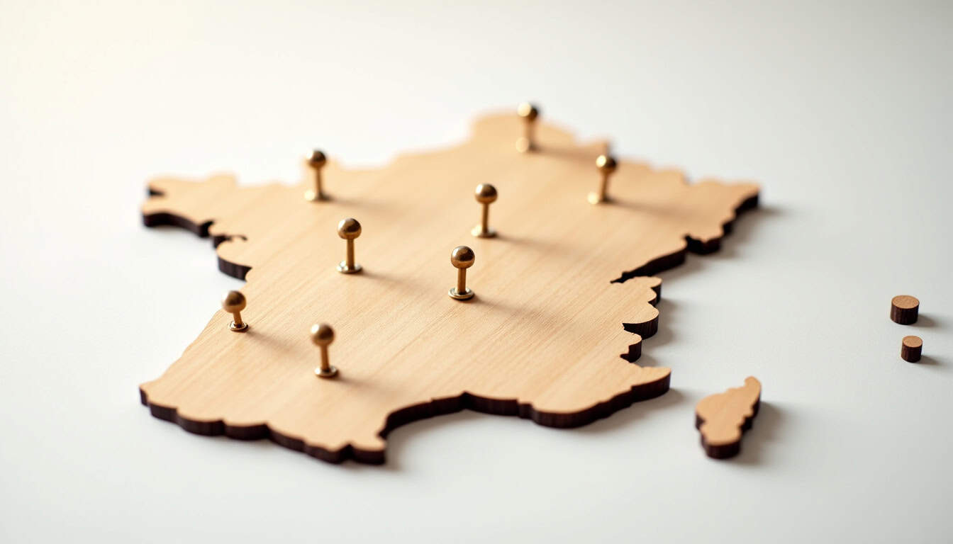 Panneau de France en bois avec épingles, représentant la gestion des déchets et le recyclage.