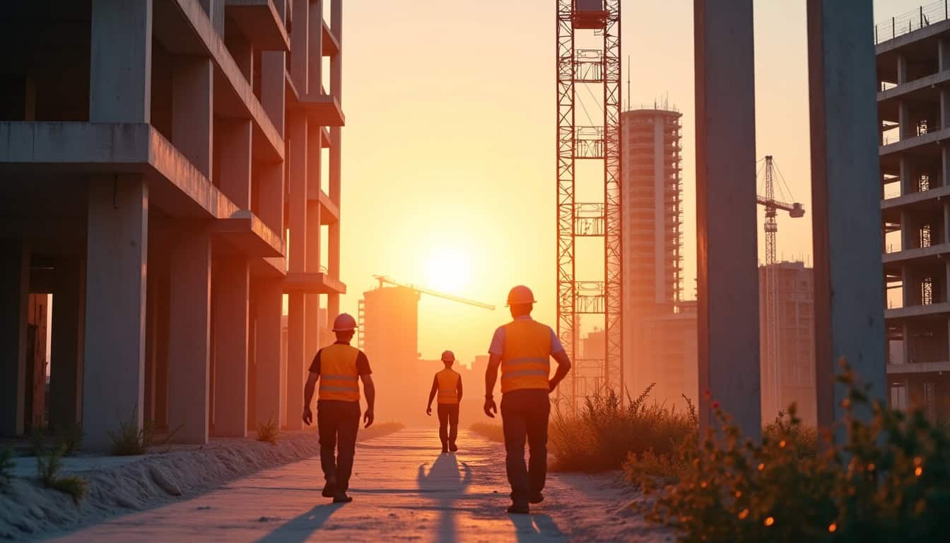 Photo d'ouvriers du bâtiment travaillant sur un chantier en construction au crépuscule.