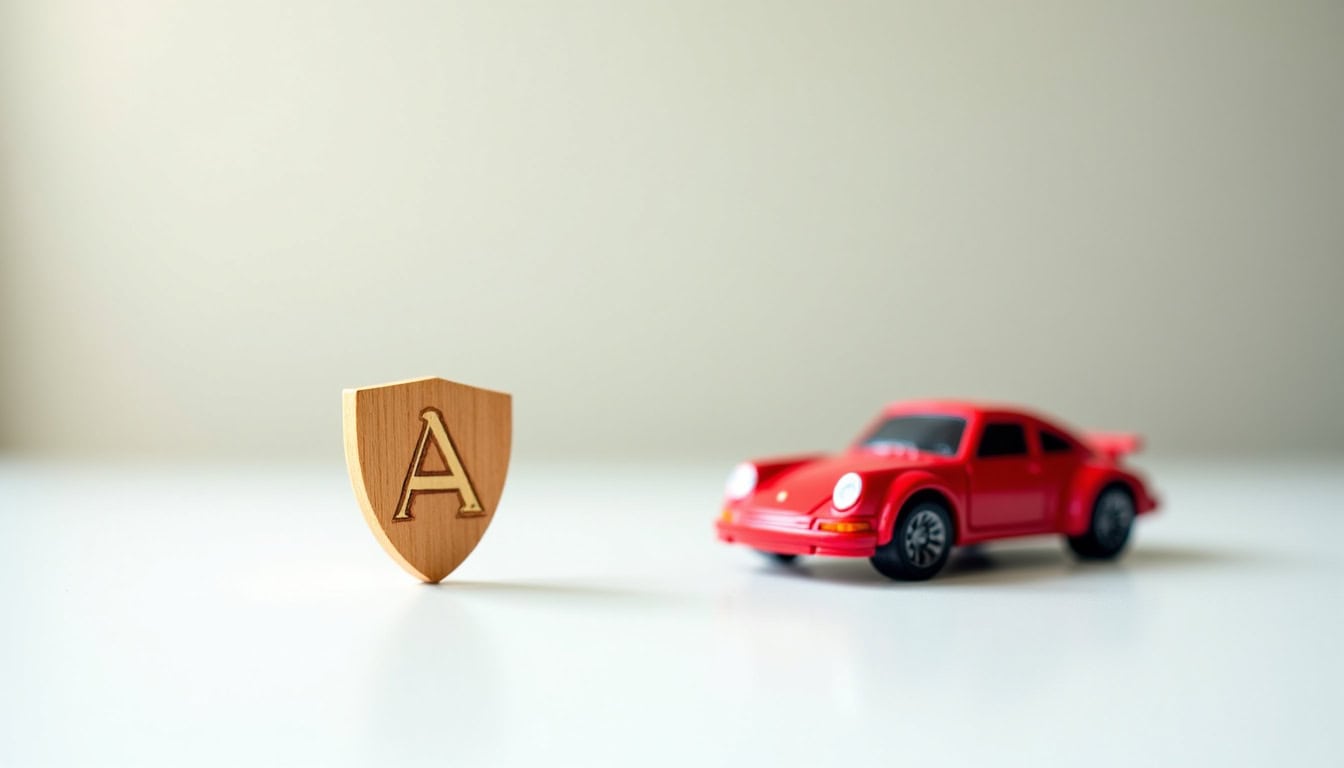 Véhicule épave rouge à côté d’un bouclier en bois avec la lettre A, symbolisant la récupération et l.