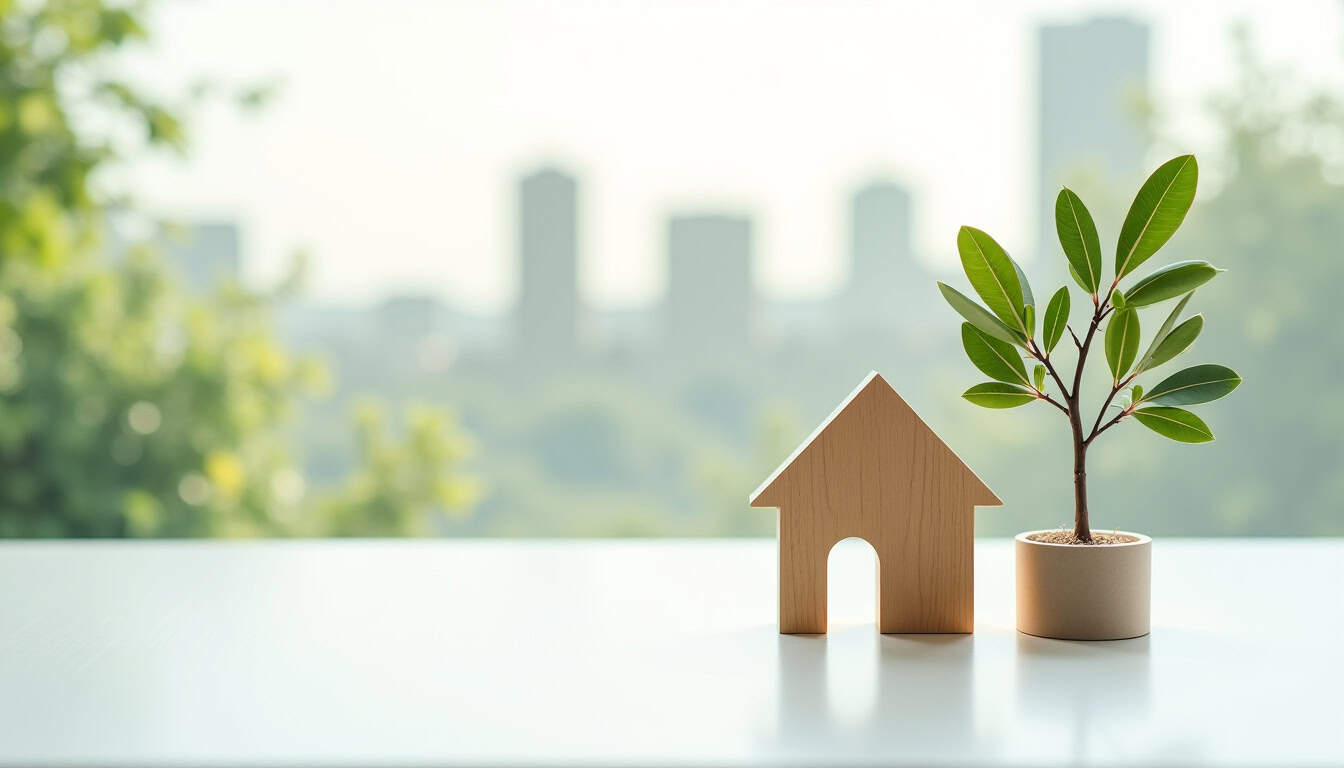 Panneau de maison en bois avec plante verte, symbolisant l'écologie et la durabilité.