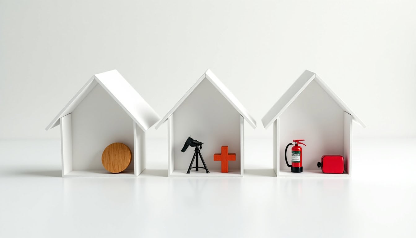 Balises de sécurité et équipements de premiers secours dans des petites maisons en bois.