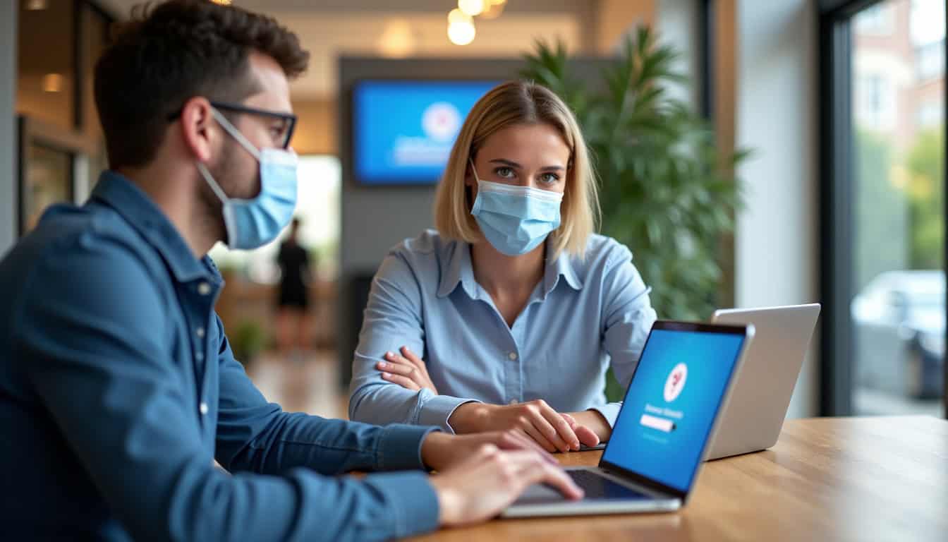 Deux personnes portant un masque discutant avec un ordinateur portable dans un café.