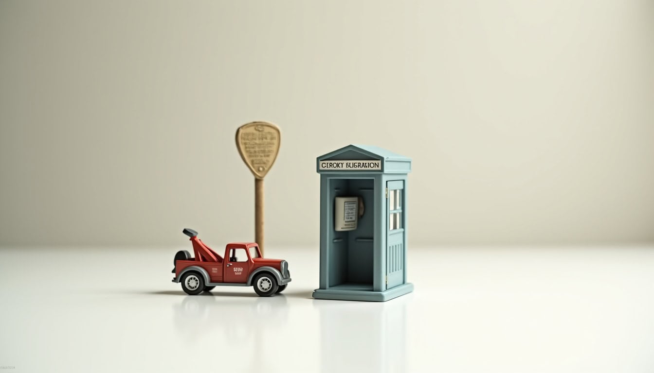 Panneau de signalisation et cabine téléphonique miniatures pour épaviste.