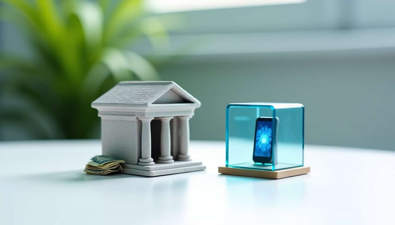 Smartphone protégé dans une boîte en verre à côté d'une maquette de bâtiment.