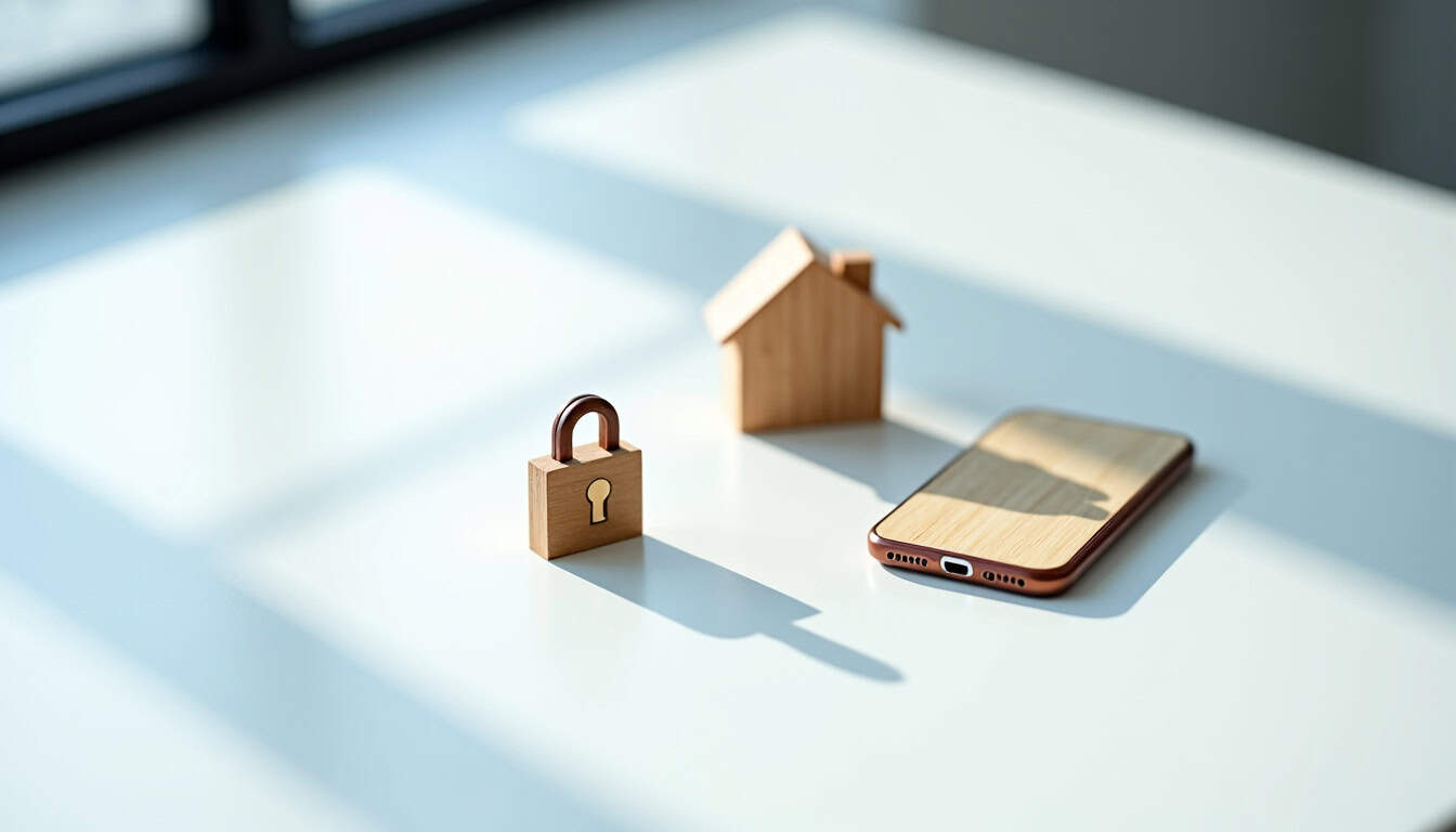 Smartphone et cadenas en bois sur une table lumineuse, concept de sécurité et de protection.