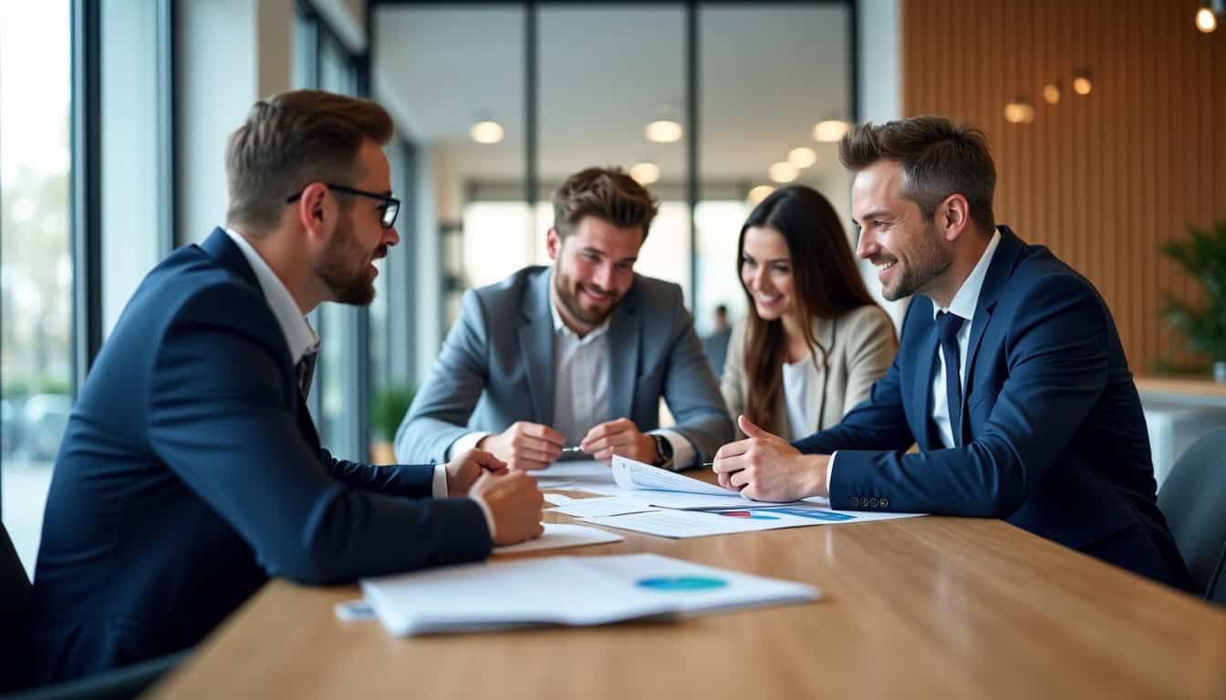 Différents types de banquiers en interaction avec des clients particuliers, professionnels et entreprises