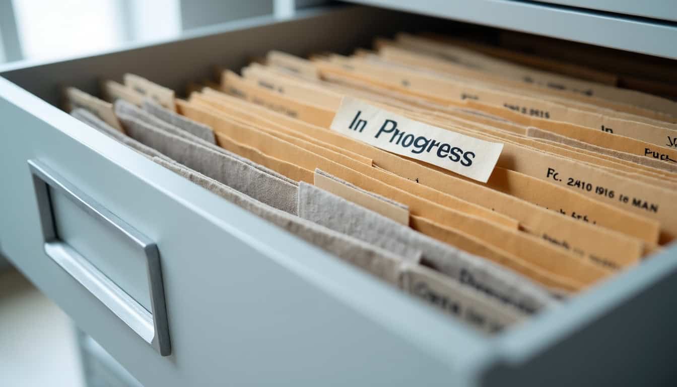 Dossiers en cours de traitement dans un tiroir de bureau avec étiquette "In Progress".