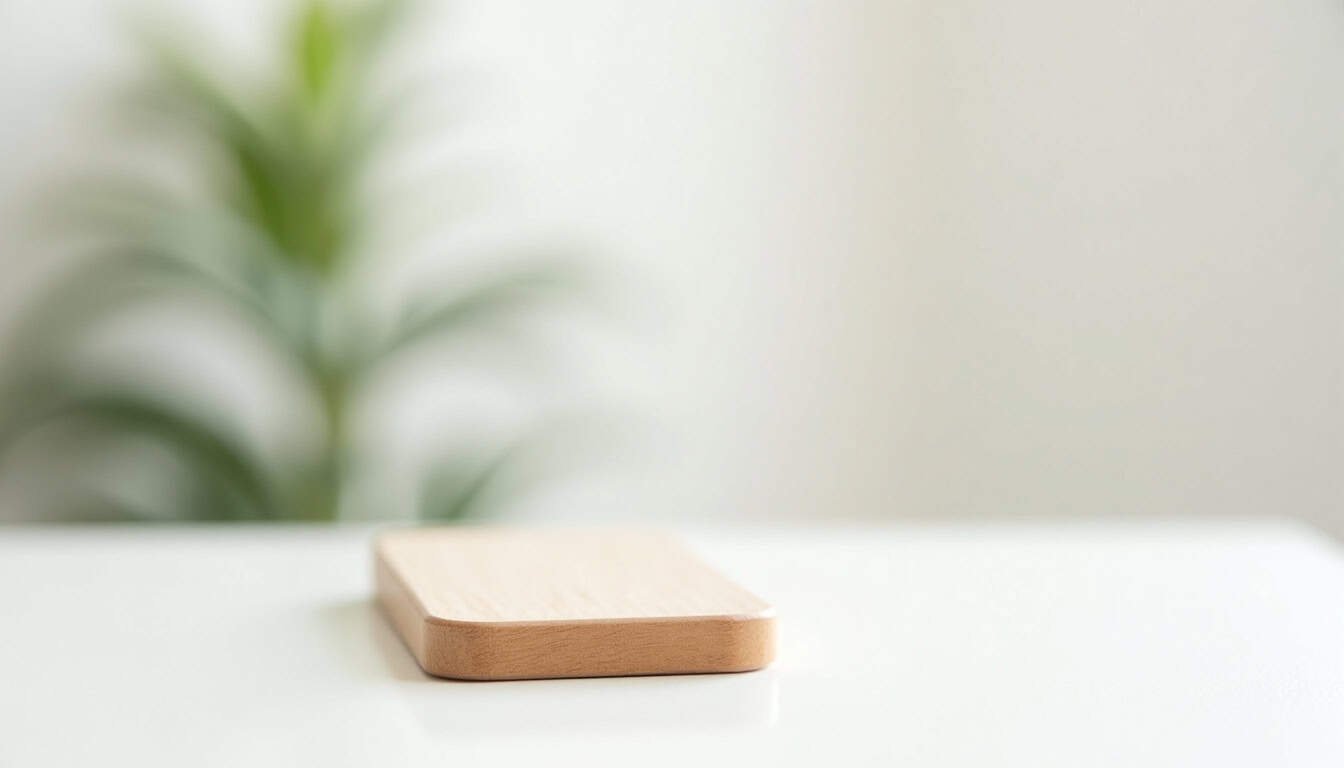 Panneau en bois sur une table blanche, prêt pour une utilisation ou une décoration intérieure.