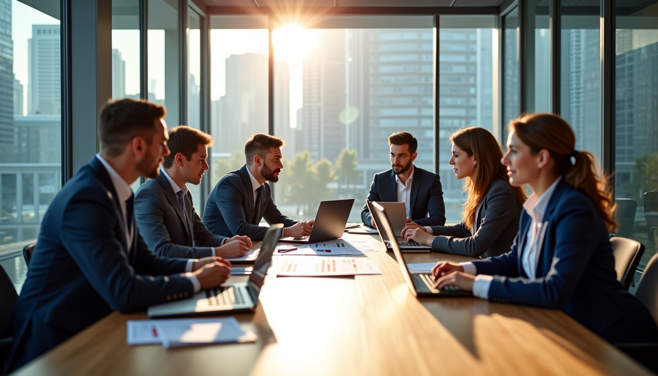 Équipe de banquiers en réunion autour d’une table de travail avec des documents financiers