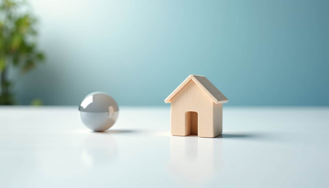 Panneau de maison en bois et boule en métal, illustration de recyclage et gestion des déchets.