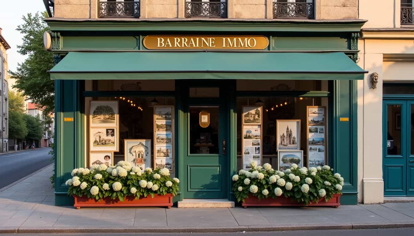 Vitrine immobilière avec affiches et fleurs, façade verte et enseigne Barrière Immo.