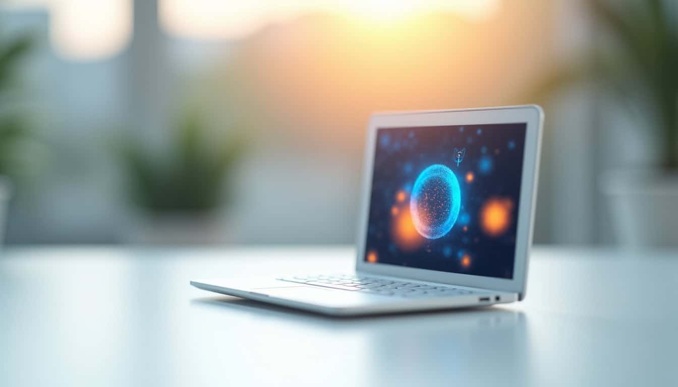 Ordinateur portable avec écran affichant une image numérique futuriste.