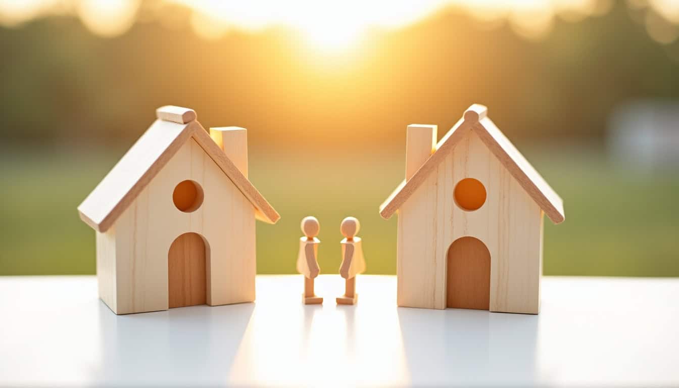 Maison en bois miniature, deux figurines se tenant la main, soleil couchant en arrière-plan.