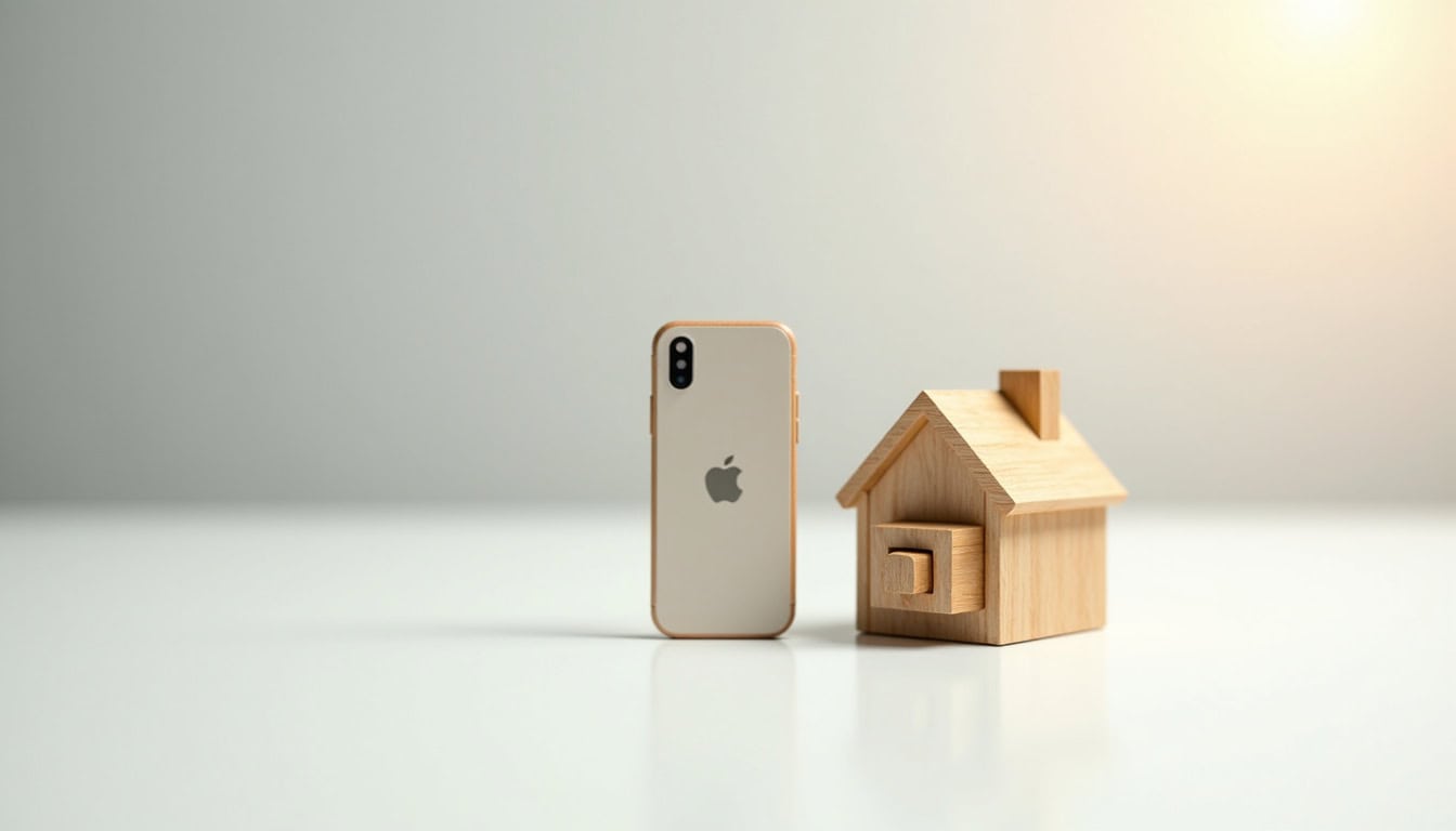Maison en bois miniature et smartphone Apple sur fond blanc.