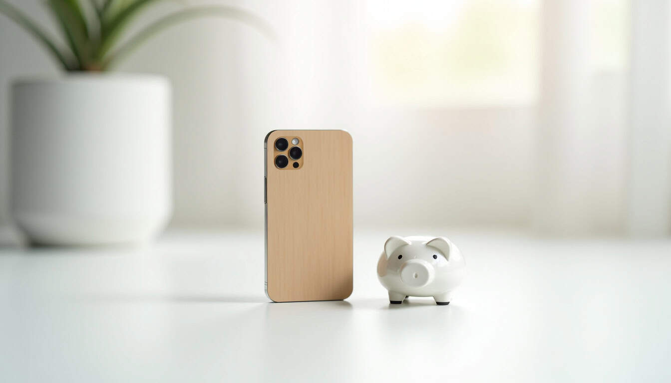 Porte-monnaie en bois et cochon tirelire blanc sur une surface blanche lumineuse.