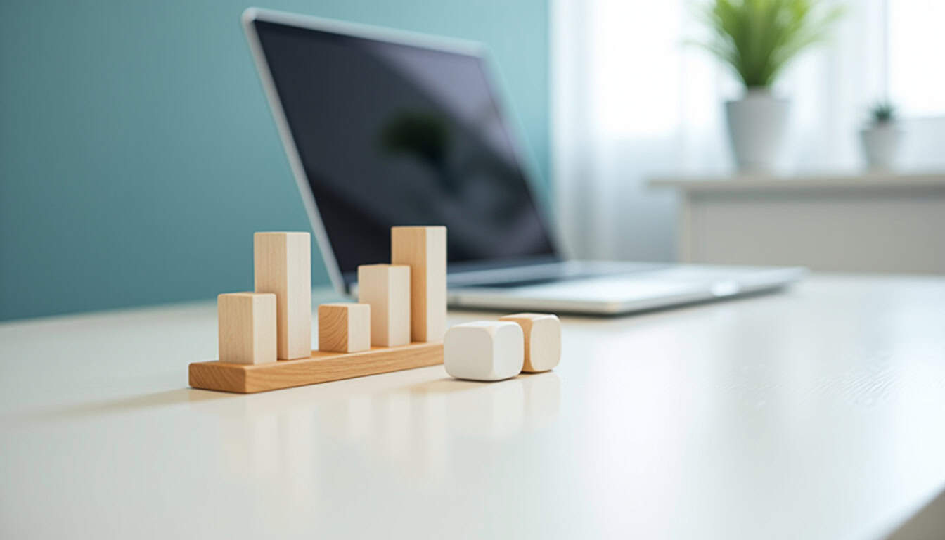 Éléments de bureau avec ordinateur portable et blocs de construction en bois.