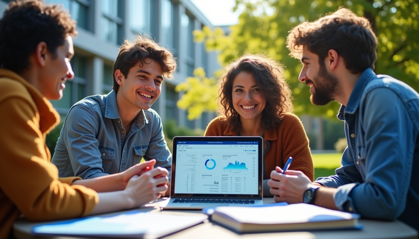 Groupe d’étudiants en finance discutant autour d’un ordinateur portable sur un campus universitaire