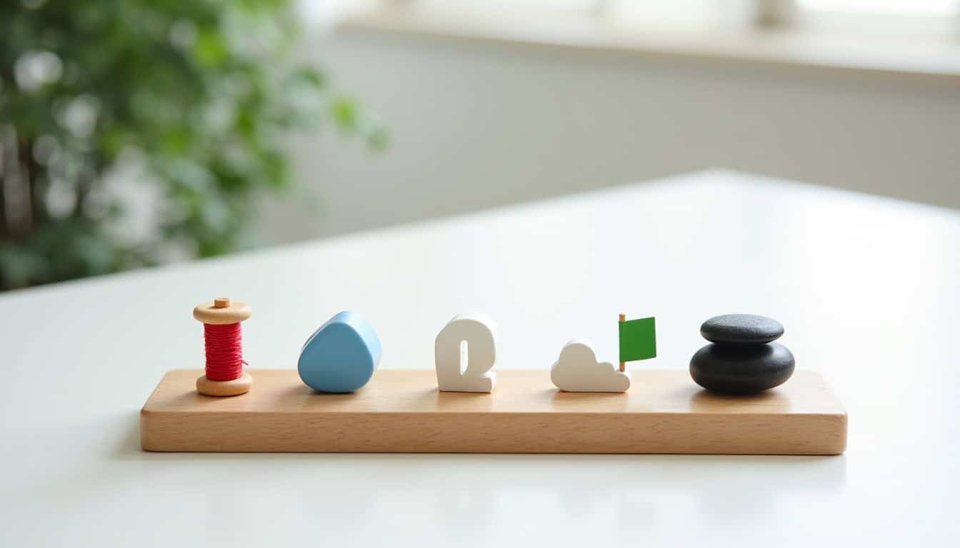 Décor zen avec pierres et formes en bois pour ambiance relaxante.