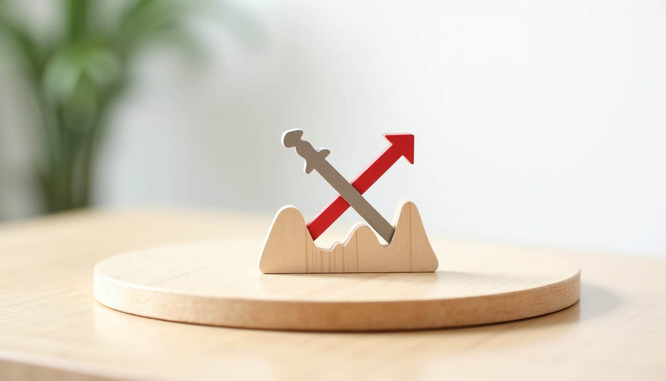 Panneau de croissance économique avec flèche ascendante et marteau en bois.