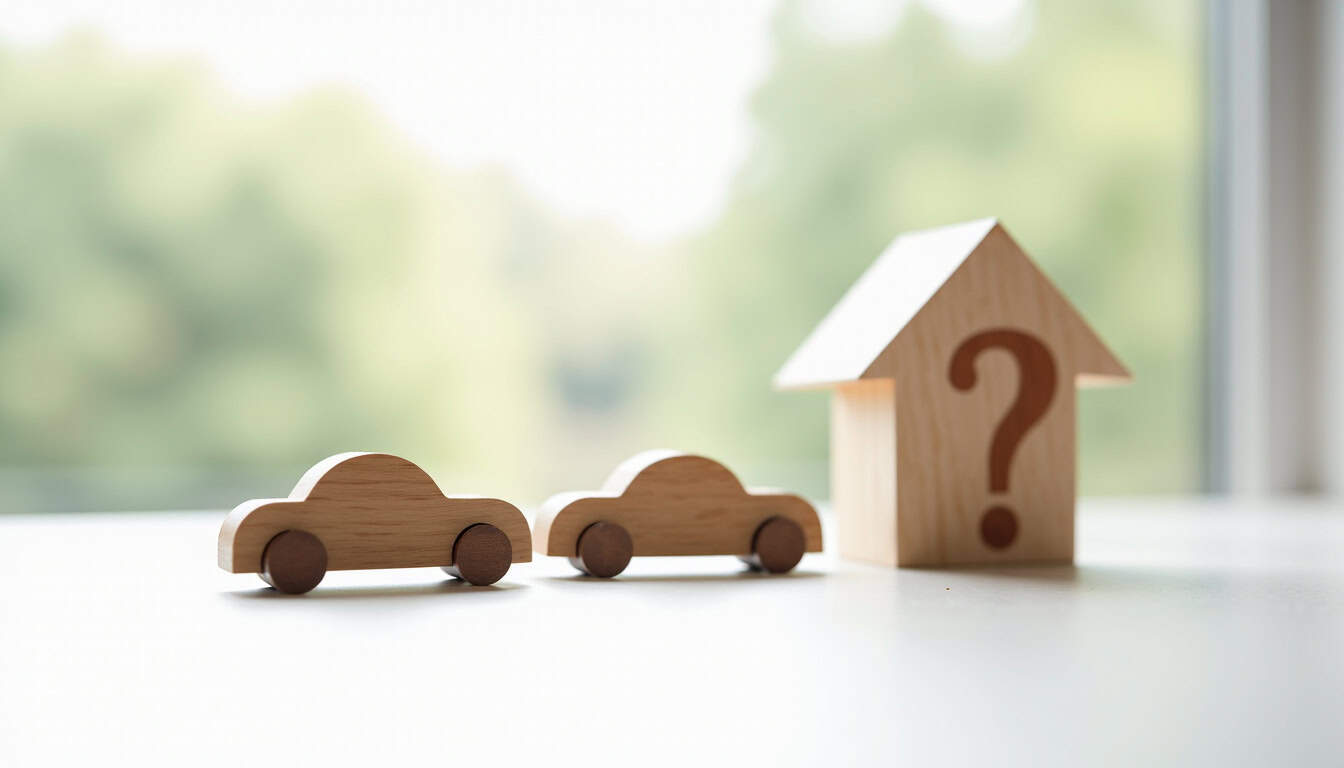 Panneau de voiture en bois, maison et point d'interrogation, symbolisant l'évaluation ou la question.