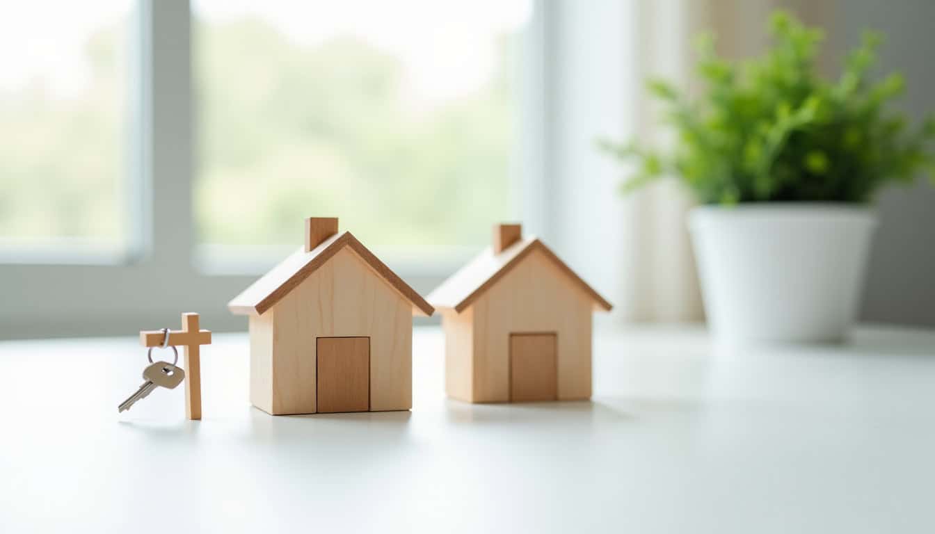 Deux petites maisons en bois avec clé sur fond de fenêtre et plante verte.