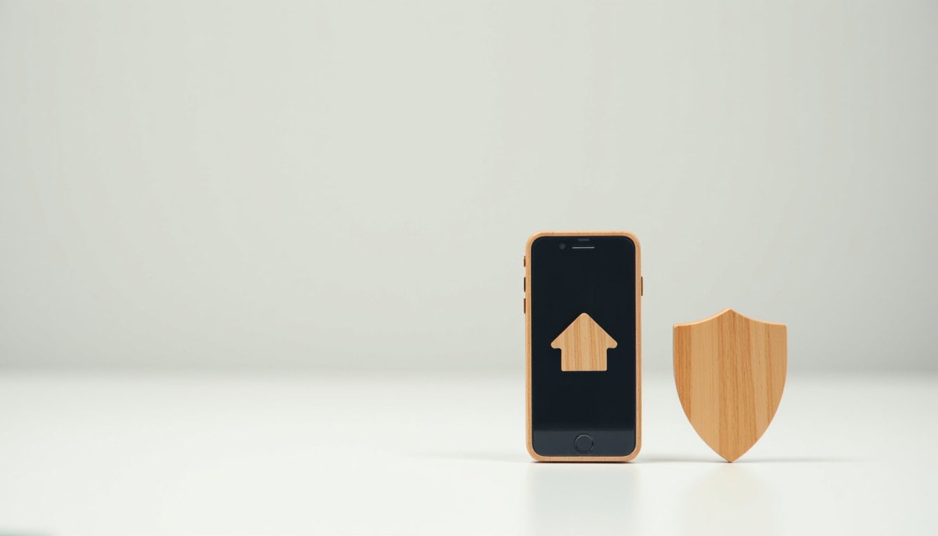 Smartphone avec icône de maison et bouclier en bois, sécurité et protection.