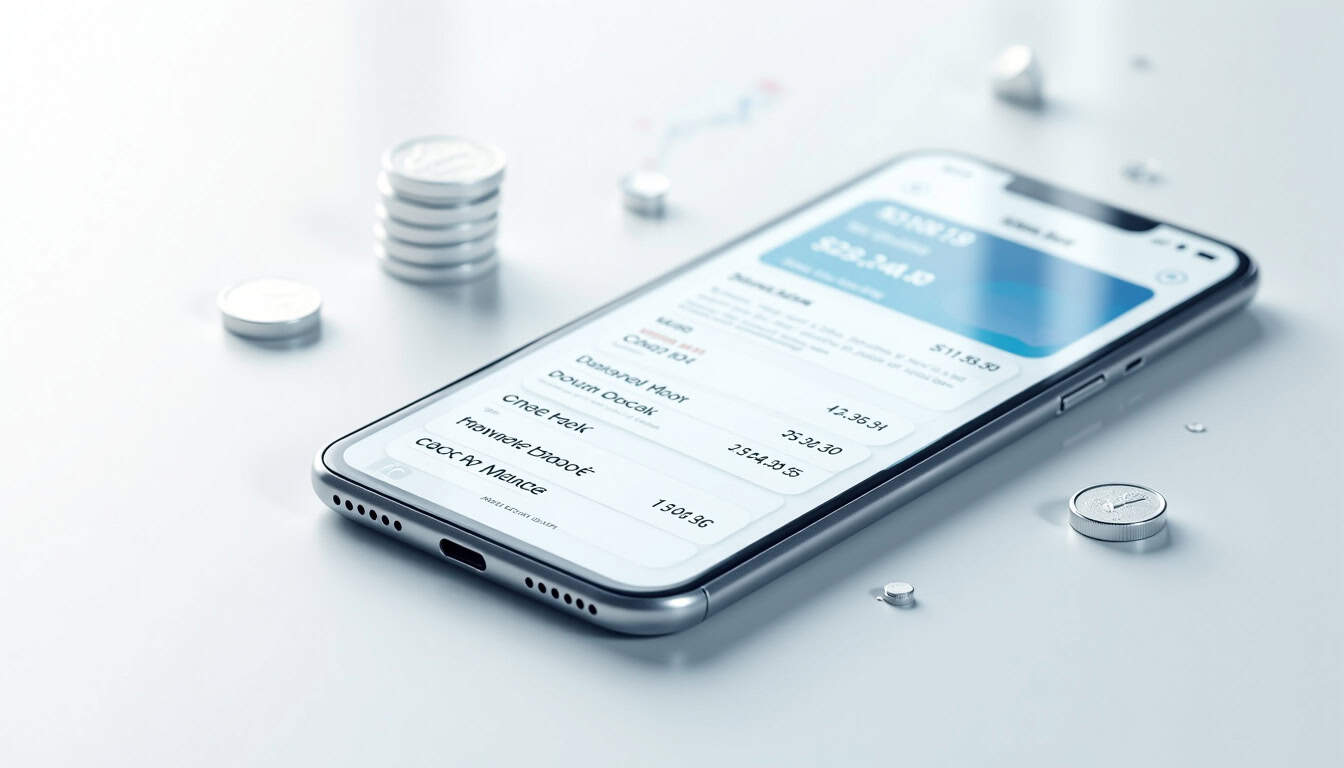 Smartphone affichant un bilan financier avec transactions et graphiques.