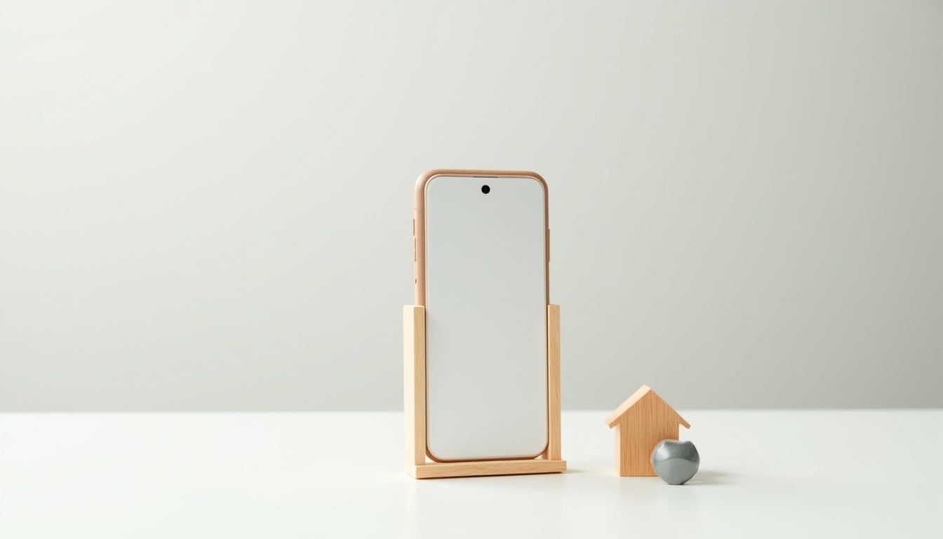 Panneau de téléphone mobile avec maison miniature et caillou, symbolisant la réparation ou le recycl.