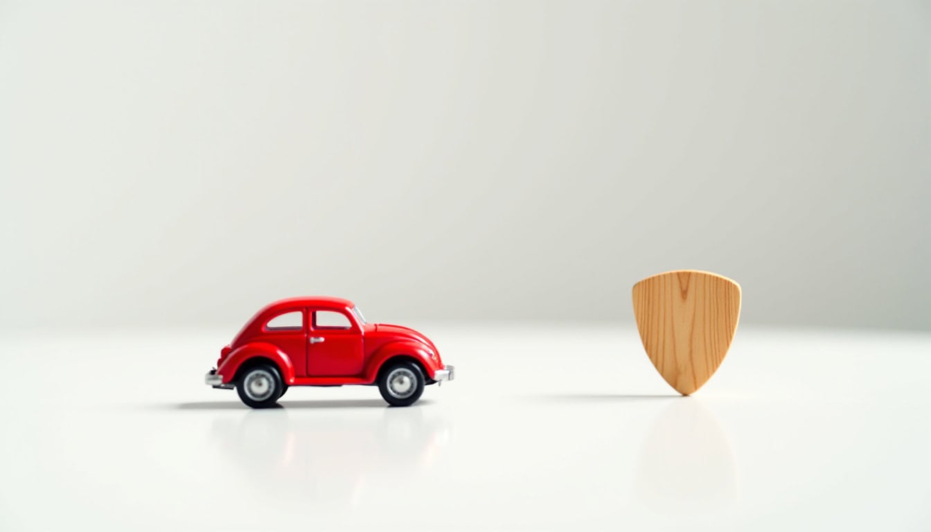 Voiture miniature rouge avec bouclier en bois, symbolisant la protection et la sécurité automobile.