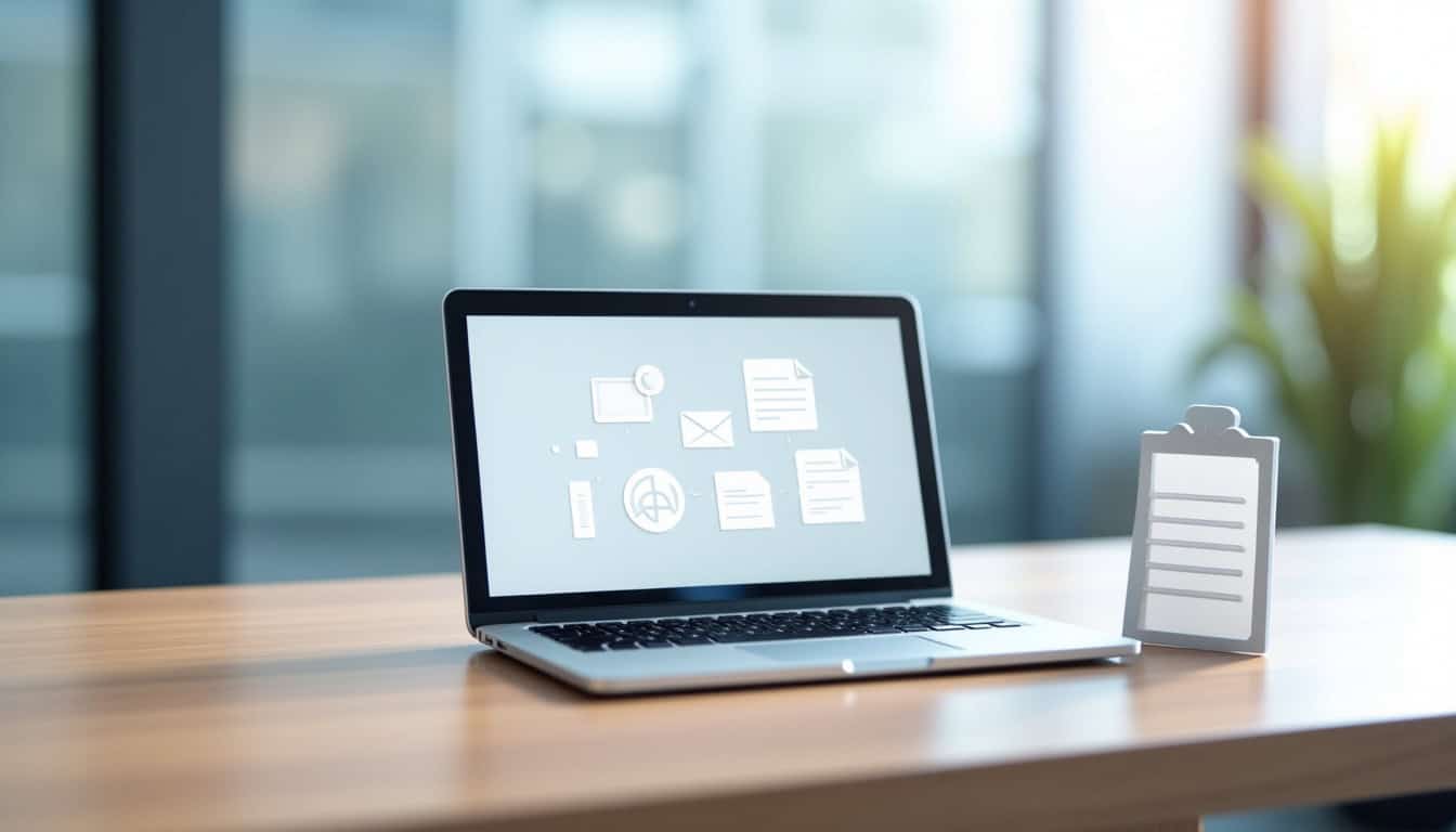 Ordinateur portable avec icônes de gestion de documents numériques.