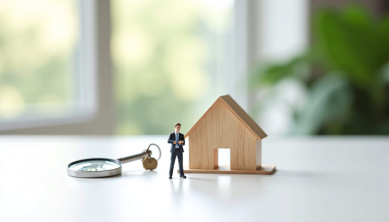 Épaviste Nord avec miniature de maison, clé et loupe pour services de démolition.