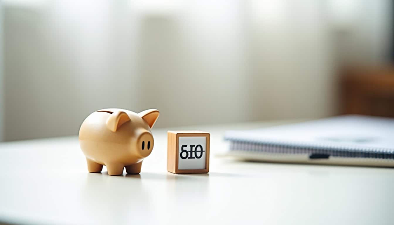 Pièce de monnaie en forme de cochon et bloc-notes sur une table.