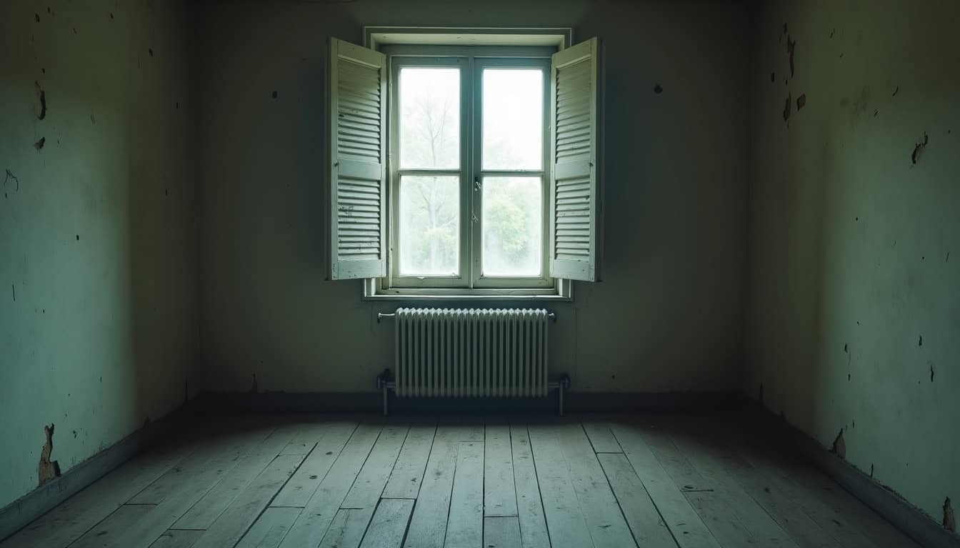 Pièce abandonnée avec fenêtre ouverte et murs endommagés, ambiance mystérieuse.