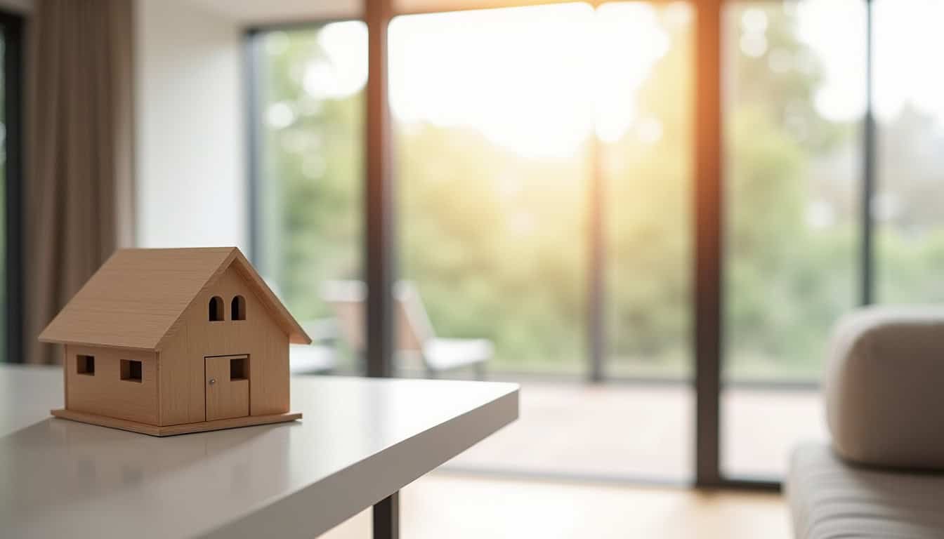 Mini maison en bois pour décoration ou modélisme, dans un espace moderne et lumineux.